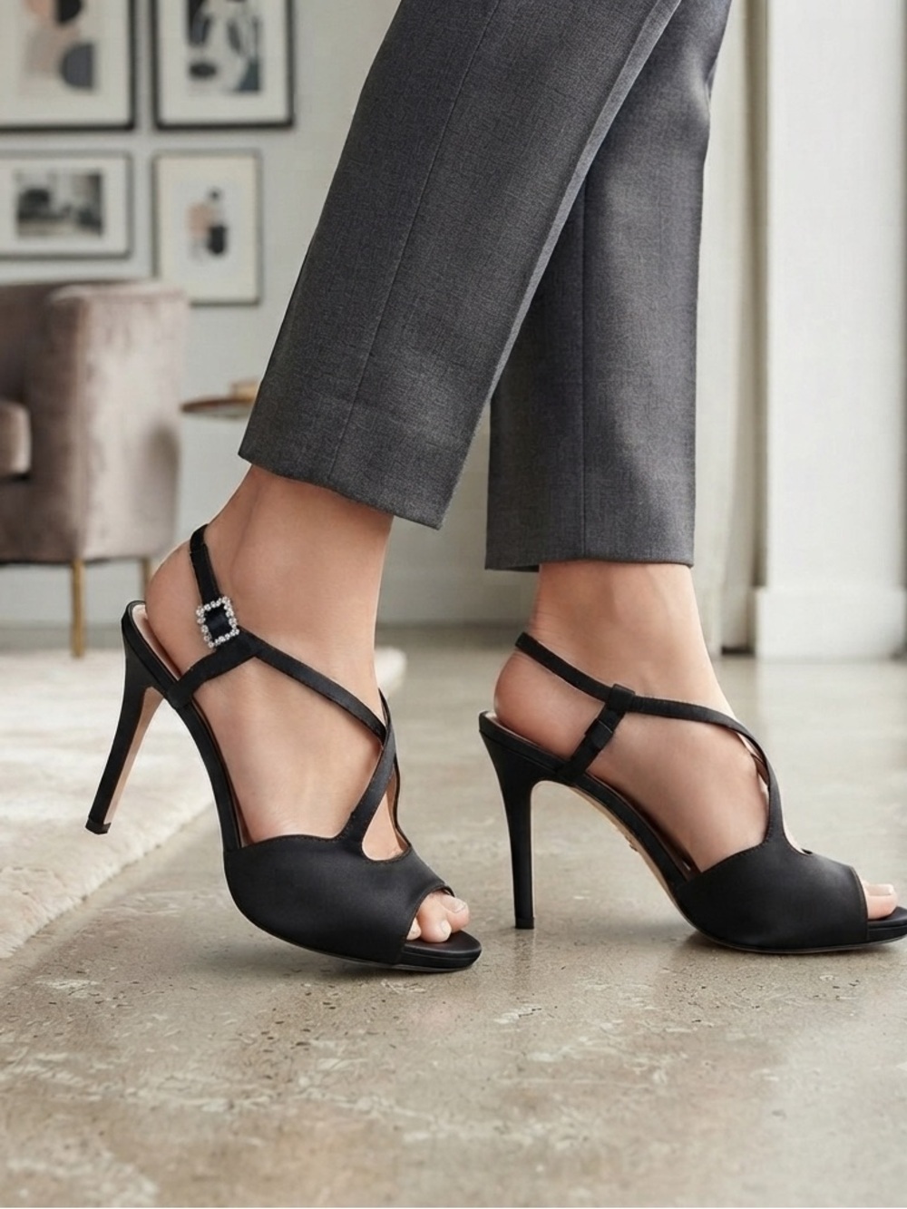 Kate Spade New York Satin Leather Peep-toe Evening Black Elegant Heels Size 9.5